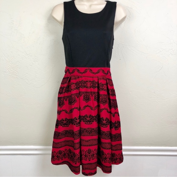 Elle Black Red Flocked  Fit & Flare Party Dress - Picture 3 of 16
